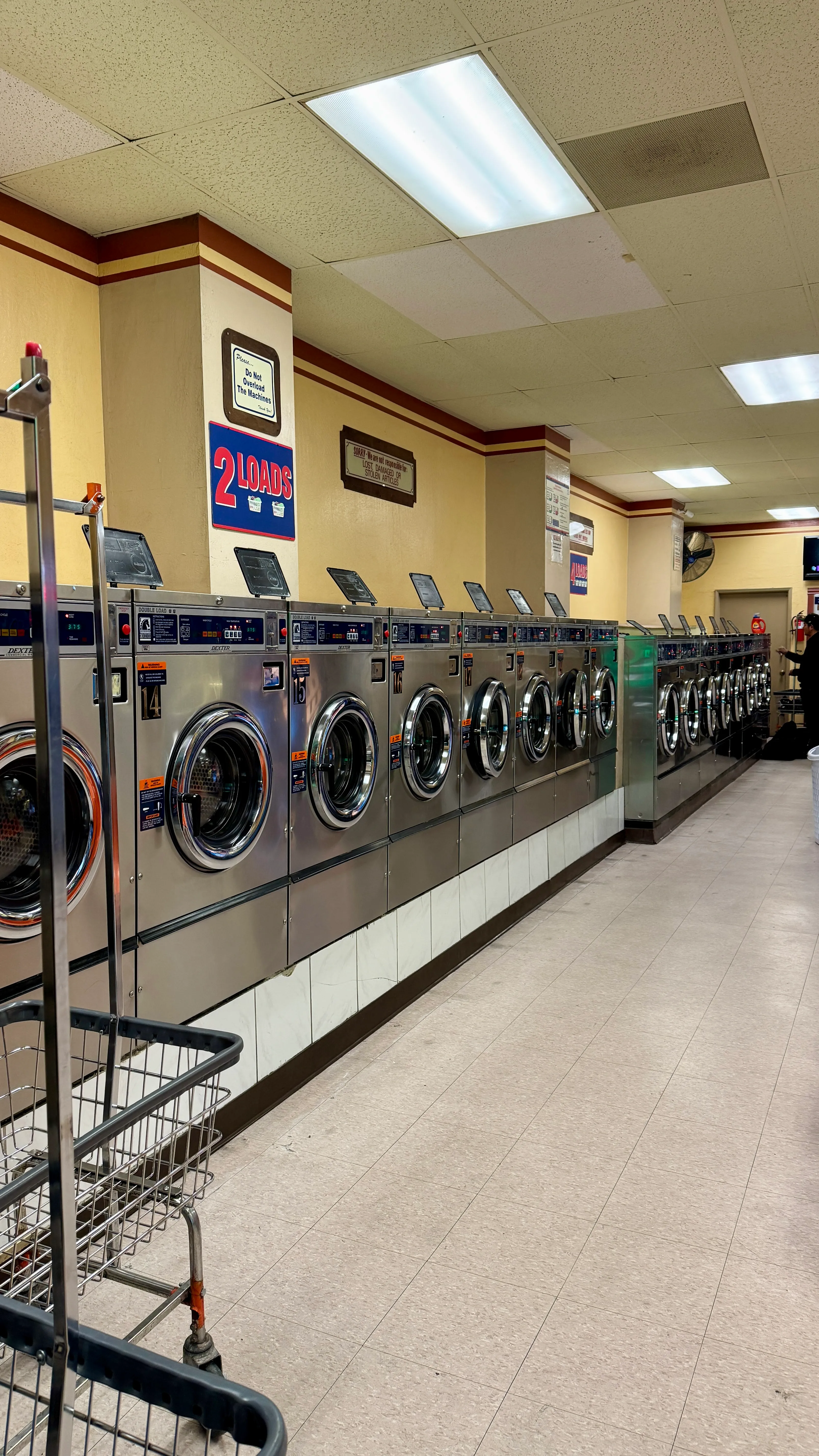 Interior de Lucky Laundromat con filas de maquinas