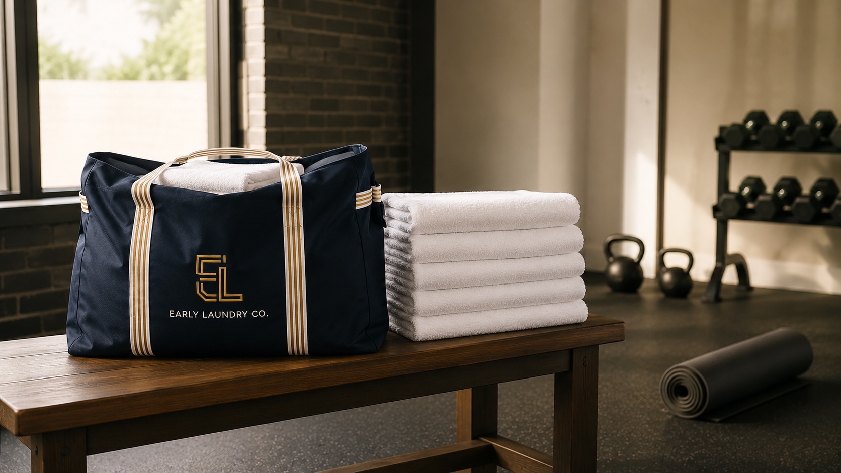 Stacks of clean white gym towels on a studio shelf — commercial gym towel laundry pickup and delivery for Bay Area boutique fitness studios