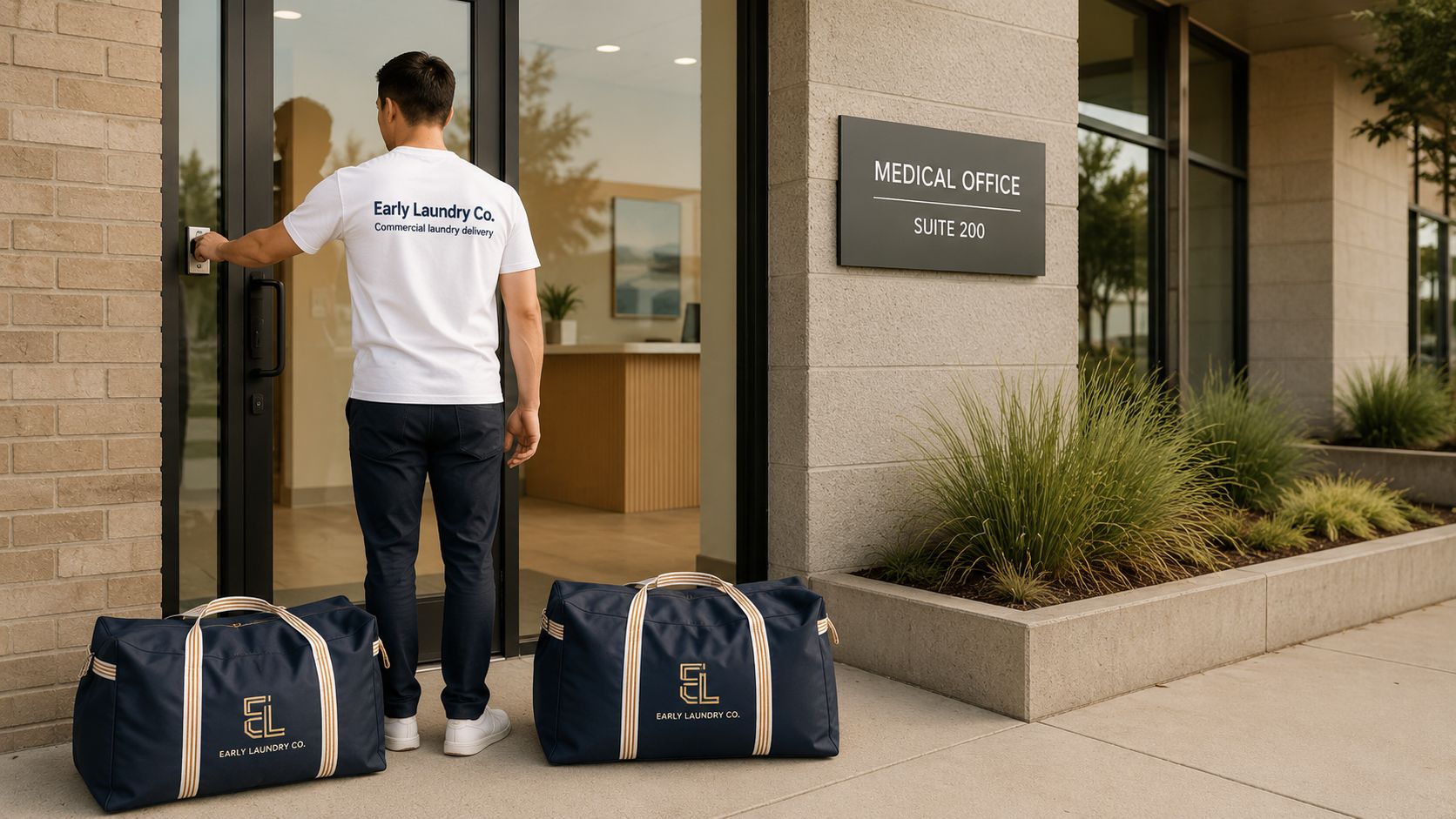 Early Laundry Co. delivery worker arriving at a medical office entrance with two branded navy laundry duffel bags