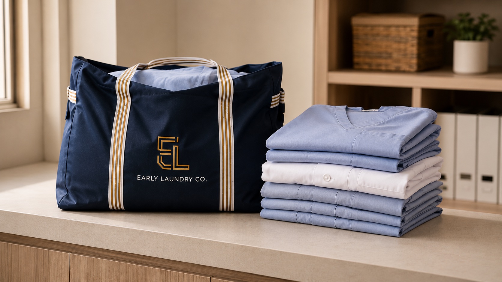 Folded staff uniforms and clean facility linen on a shelf — professional laundry pickup and delivery for Bay Area offices and clinics