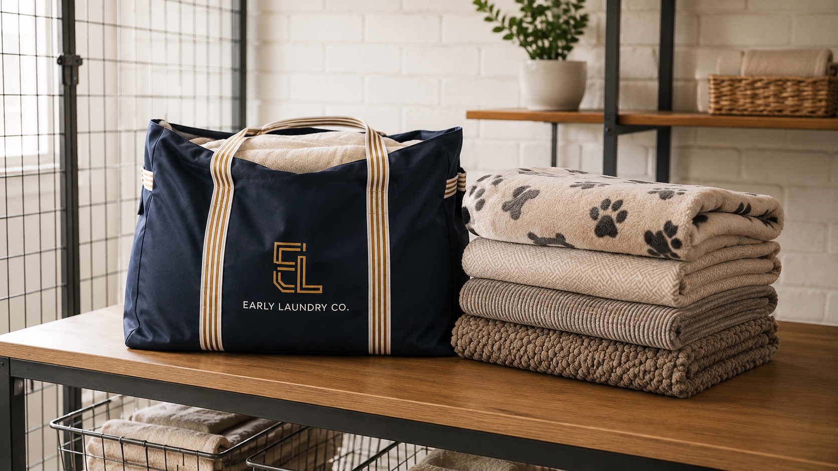 Stacks of clean folded blankets and towels at a pet boarding facility — dedicated pet laundry pickup and delivery for Bay Area kennels and dog daycares