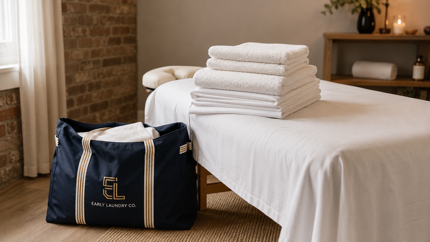 Folded spa sheets, towels, and robes ready for a treatment room — spa linen laundry pickup and delivery for Bay Area massage studios and day spas