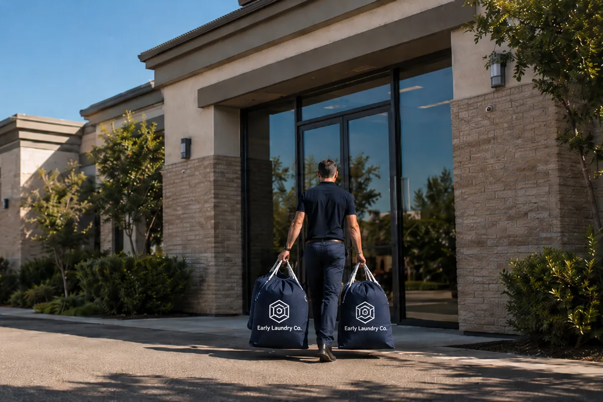 A courier carrying two laundry bags toward a business entrance.