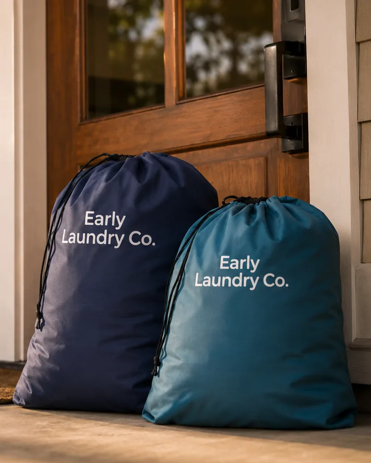 Two Early Laundry Co. bags at a residential doorstep.