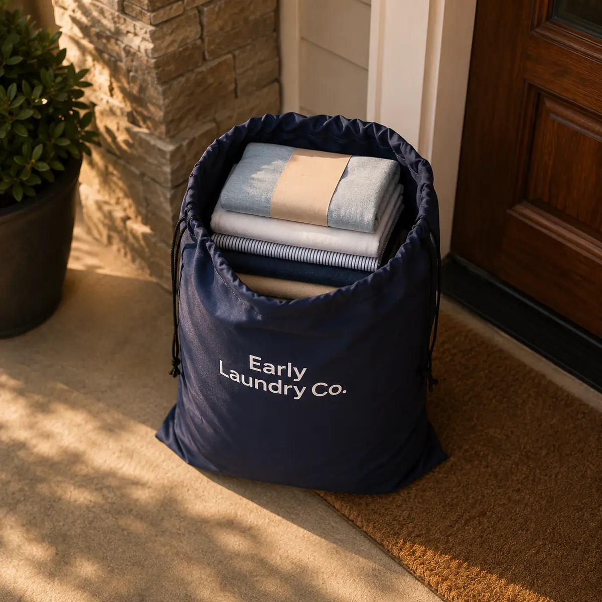 Folded laundry prepared for delivery.