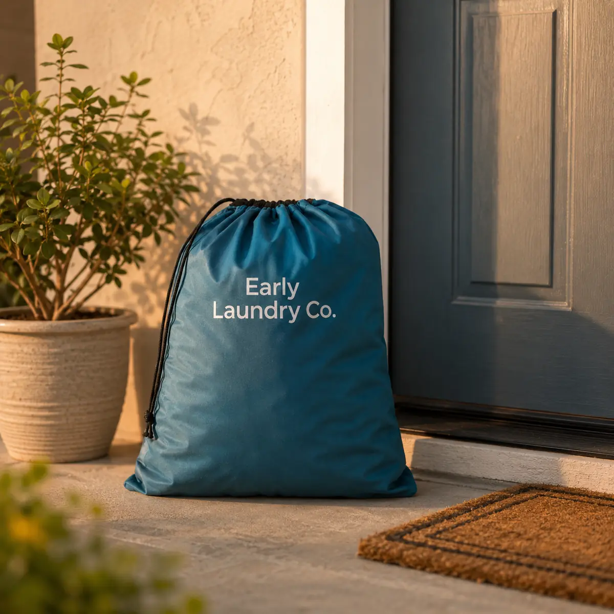 A laundry bag waiting at a doorstep.