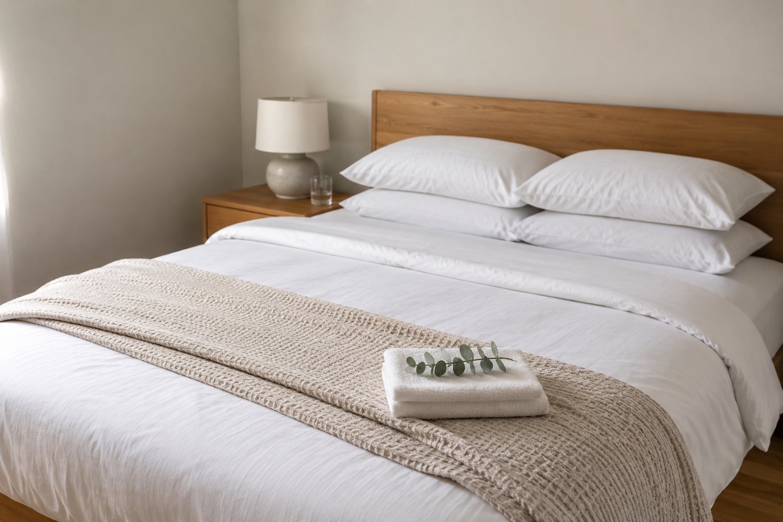 Freshly turned-over guest bed in a short-term rental with crisp white linens and a folded throw