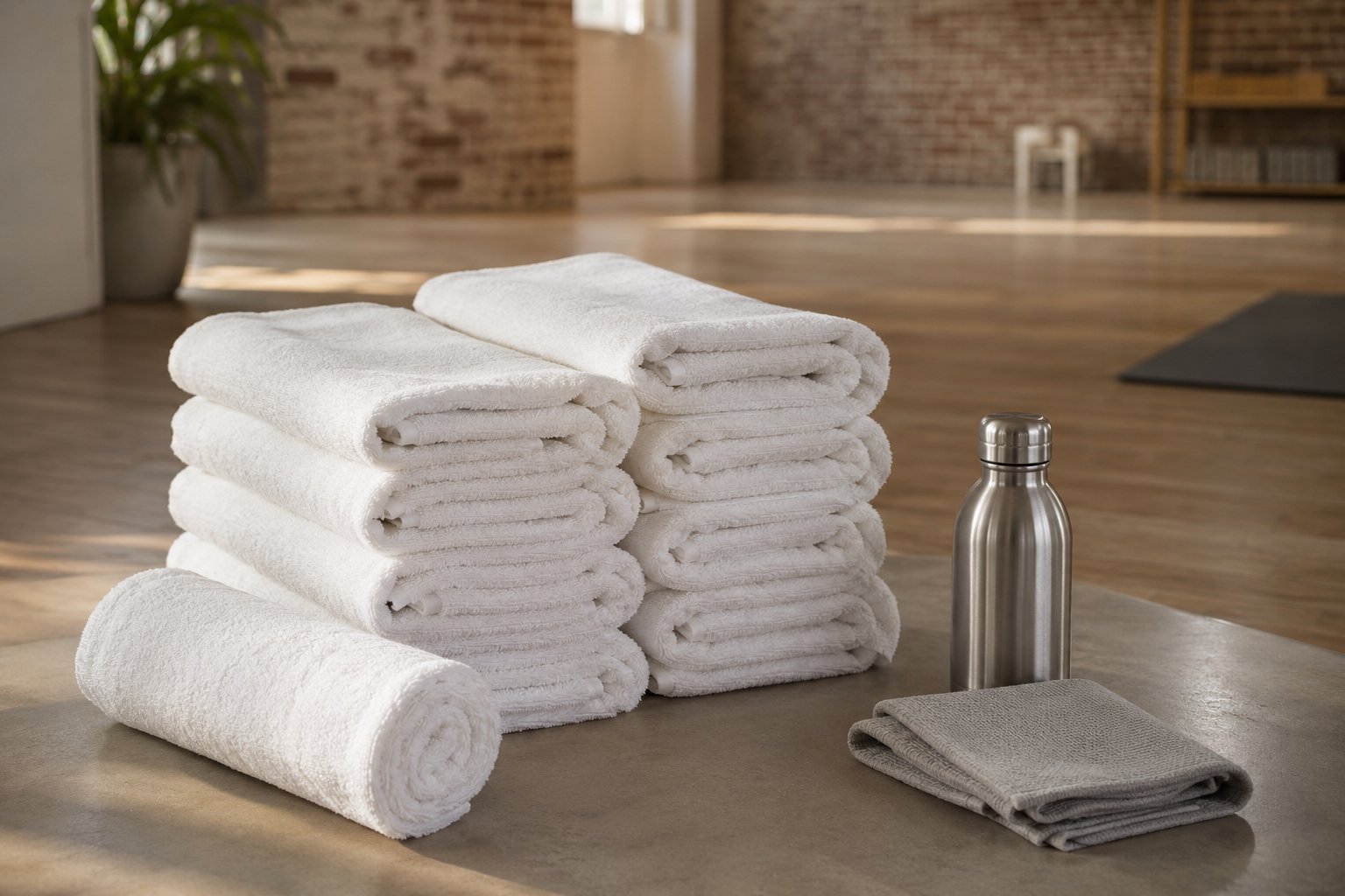 Stack of freshly laundered white gym towels in a boutique fitness studio