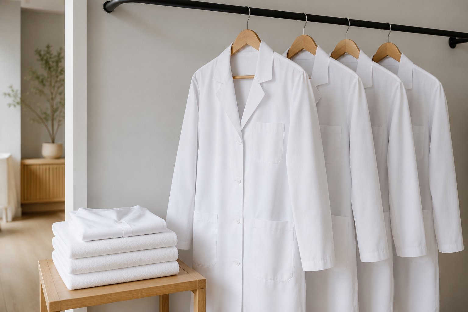 Row of crisp white lab coats hanging in a modern medical office