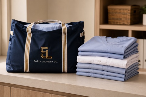 Folded staff uniforms and clean facility linen on a shelf — professional laundry pickup service for Bay Area dental and medical offices