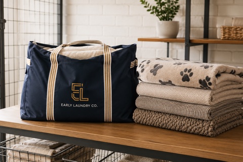 Clean folded blankets and towels at a pet boarding facility — dedicated pet laundry pickup service for Bay Area kennels and dog daycares