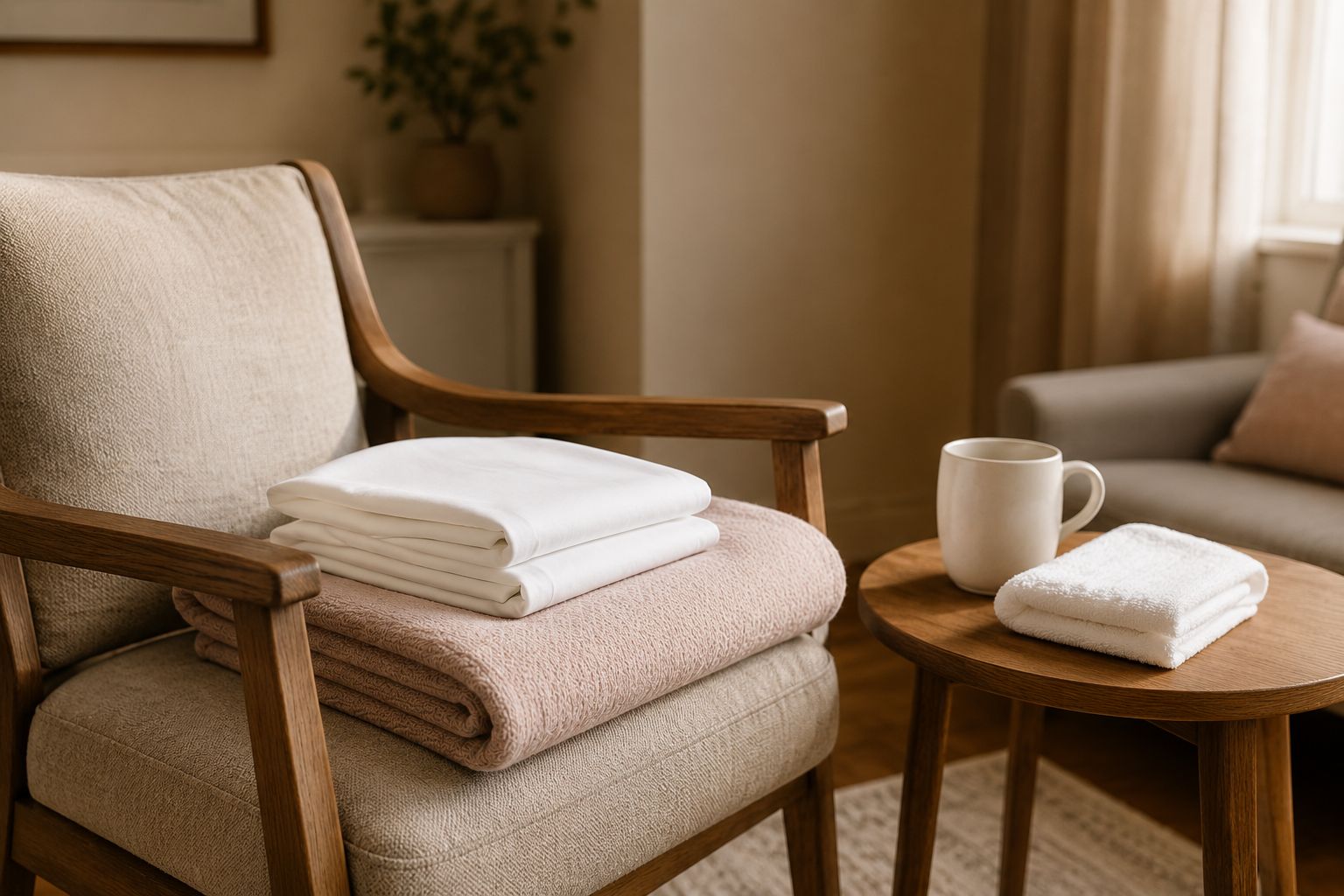 Folded throw blanket and pillowcases resting on a wooden chair in a warm residential care setting