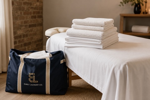 Folded spa sheets and towels on a treatment room shelf — massage linen laundry pickup service for Bay Area spas and bodywork studios